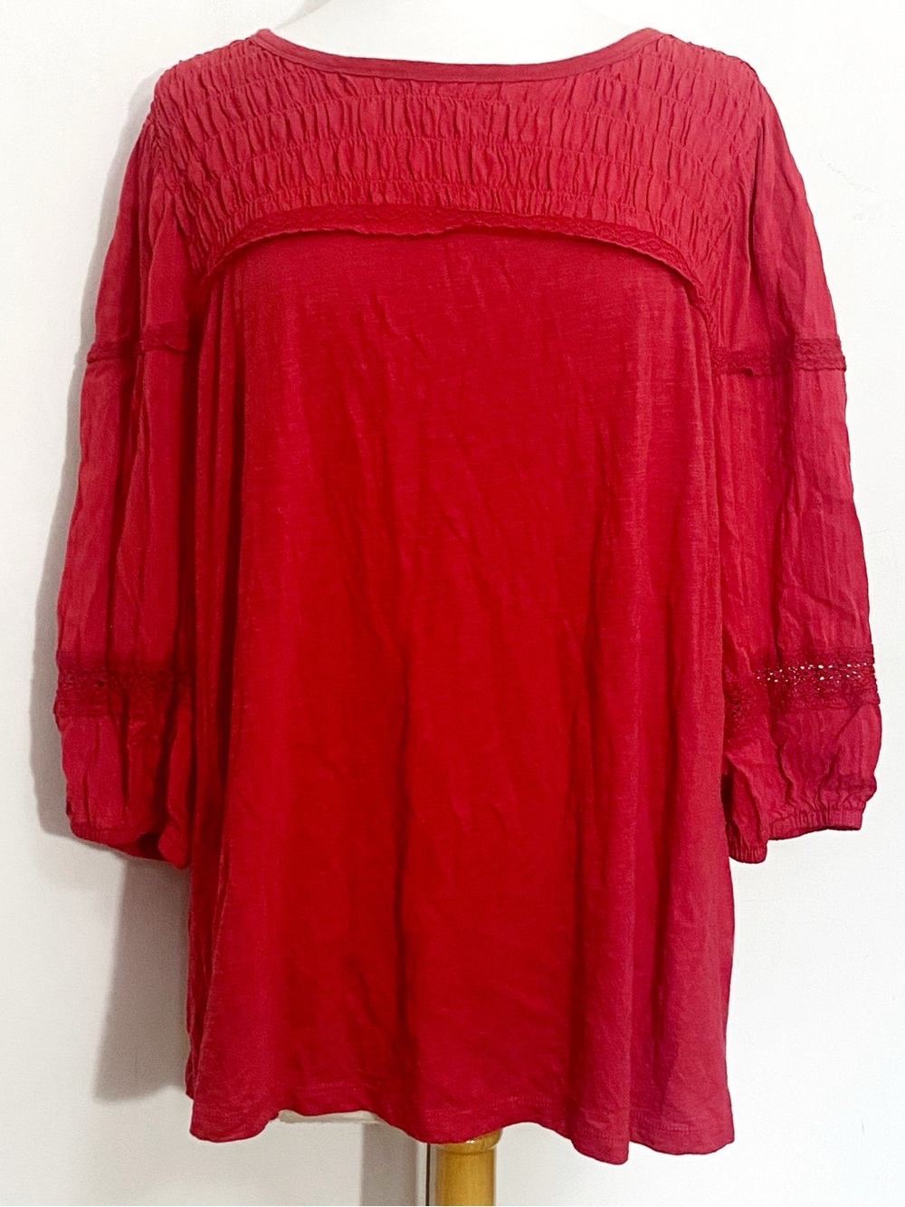 Cato Boho Crimson Smocked Yoke Lace Trim Puff Sleeves Gauzy Peasant Tunic 18/20